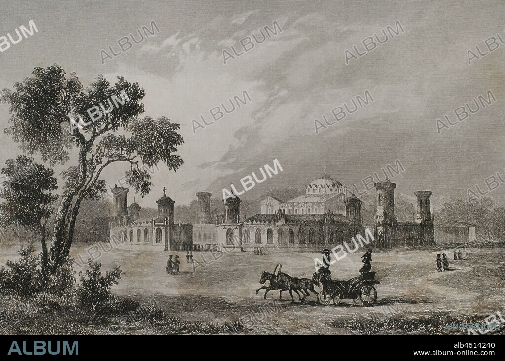 Russia, Moscow. Petrovsky Palace or Petroff Palace. It was built for Catherine the Great and designed by the Russian architect Matvey Kazakov from 1775 to 1782. The building remained as royal residence until 1918. Engraving by Lemaitre and Lalaisse. History of Russia by Jean Marie Chopin (1796-1870). Panorama Universal, Spanish edition, 1839.