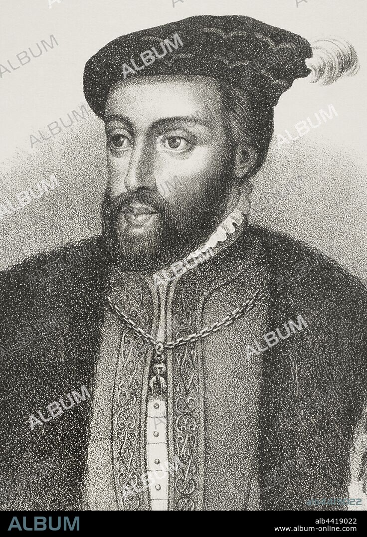 Carlos I de España y V del Sacro Imperio Romano Germánico (1500-1558). Dibujo por Salcedo. Litografía. Detalle. Crónica General de España, Historia Ilustrada y Descriptica de sus Provincias. Galicia,1866. Biblioteca Histórico Militar de Barcelona, Cataluña, España.
