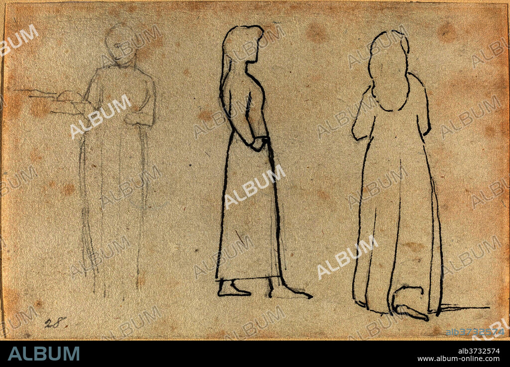 JOHN FLAXMAN. Three Sketches of a Standing Woman. Dated: c. 1790. Dimensions: overall: 8.8 x 13.1 cm (3 7/16 x 5 3/16 in.). Medium: pen and black ink over graphite on laid paper.