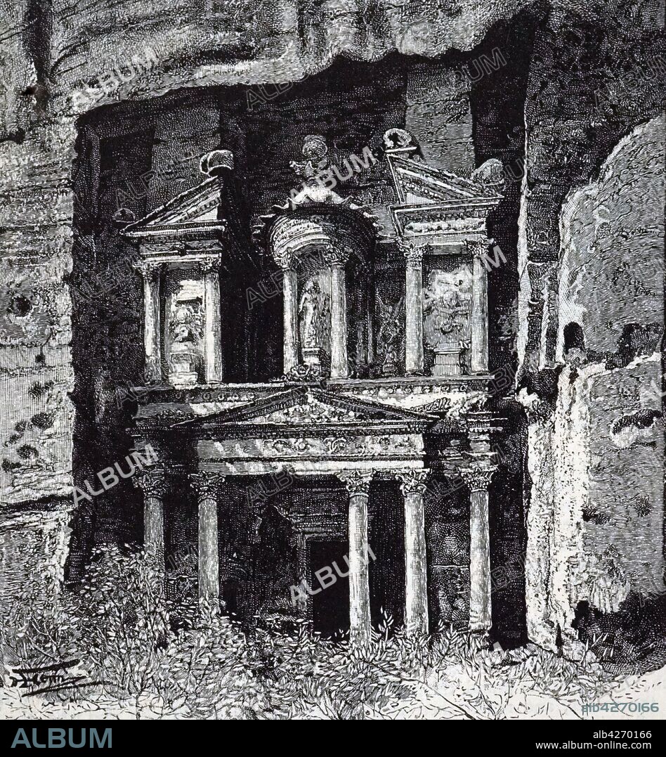 An engraving depicting Petra, a famous archaeological site in Jordan, which houses tombs and temples. Dated 19th century.