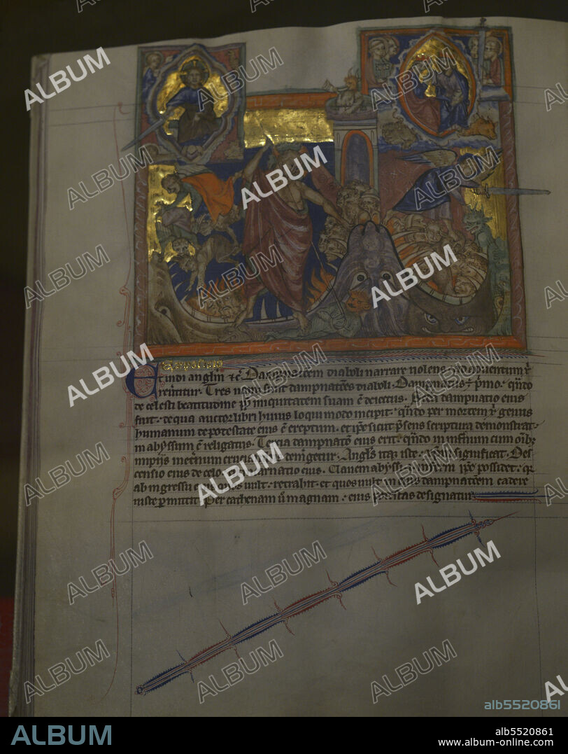 Apocalypse. With commentary of Berengaudus of Ferrière (840-892) and Haimo Autissiodorensis (Haimo of Auxerre) (dead ca. 865). London, Winchester or Salisbury (England), c. 1265-1275. Illuminators: collaborating artists from an English workshop. Manuscript on parchment. Fol. 68v. Miniature showing the three damnations of the Devil: the fall of the rebel angels, the harrowing of Hell and Satan is cast into the eternal torment of Hell. Calouste Gulbenkian Museum. Lisbon, Portugal.