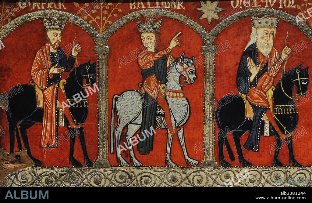 Frontal de altar de Mosoll. Detalle con la representación del viaje de los Reyes Magos para adorar a Jesús. Primer tercio del siglo XIII. Anónimo. Taller de La Seu de Urgell del 1200. Románico. Procede de la Iglesia de Santa María de Mosoll (Das, Cataluña). Museo Nacional de Arte de Cataluña. Barcelona. Cataluña. España. Altar frontal from Mosoll. First third of 13th century. Detail of the Journey of Three Magi to worship infant Jesus. Anonymous. La Seu Urgell 1200 workshop. Romanesque. From the Church of Santa Maria de Mosoll (Das, Catalonia). National Art Museum of Catalonia. Barcelona. Catalonia. Spain.