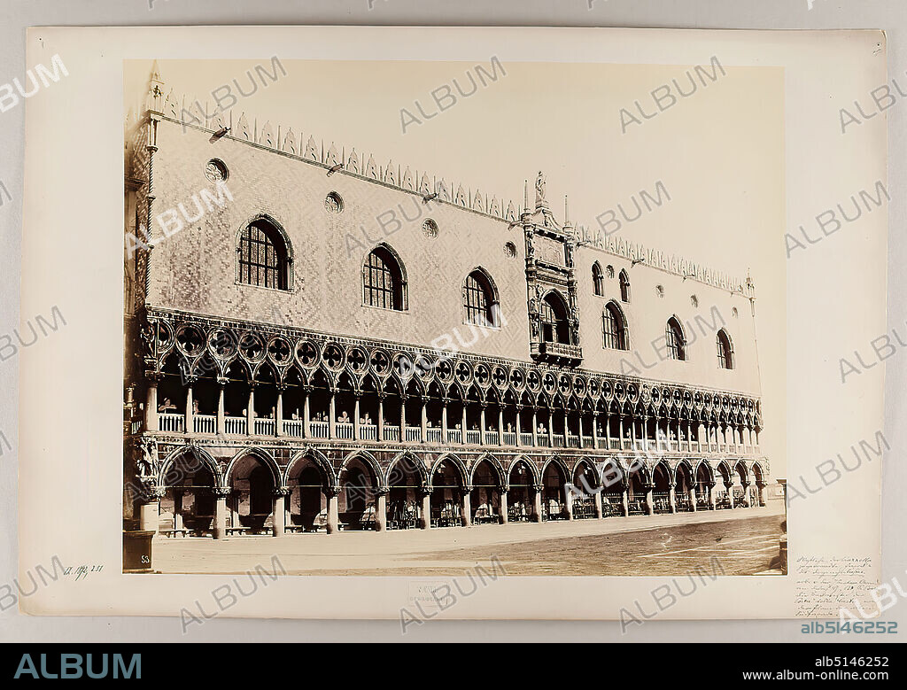 Carlo Naya, Venezia - Palazzo Ducale verso l'Antica Libreria, 1892, albumin paper, black and white positive process, sheet size: height: 27.20 cm; width: 35.20 cm, stamp engraving: Naya Fotografo, inscribed: recto: Porta della Carta. , label: verso: 53, Venezia, Palazzo Ducale verso l'Antica Libreria, architectural photography, travel photography, facade ,house, building, architecture, hist. place, city, village, hist. building, locality, street.