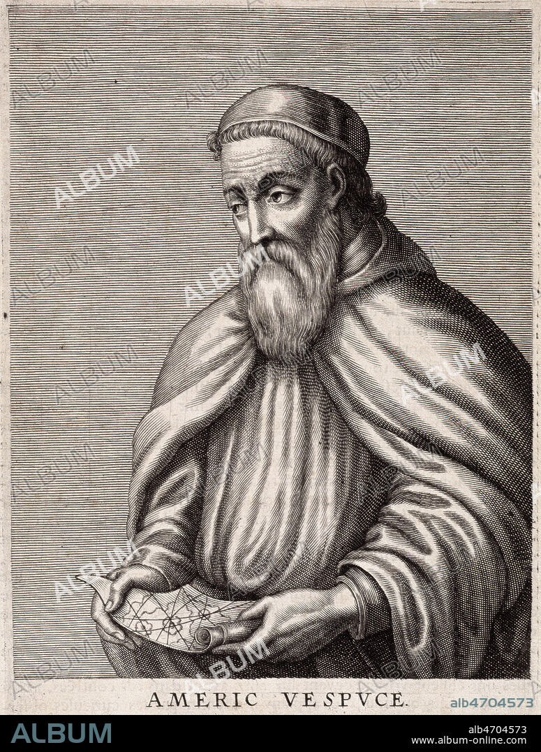 Portrait de Americ VESPUCE (1454-1512) gravure du 17eme siecle in Academiciens des Sciences et des arts. Credit: Collection Grob/KHARBINE-TAPABOR.