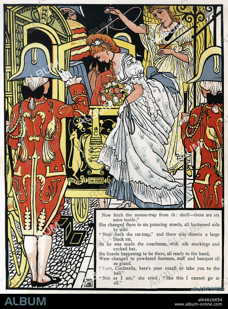 La Marraine fee a transforme les animaux en valets et cocher, et fait apparaitre un carrosse. Cendrillon, conte de Perrault illustre par Walter CRANE, pour les Sixpenny toy books de l'editeur Routledge a Londres. CINDERELLA Routledge & sons, 1873. 19eme siecle. Document original conserv dans nos locaux. Credit Collection KHARBINE TAPABOR.