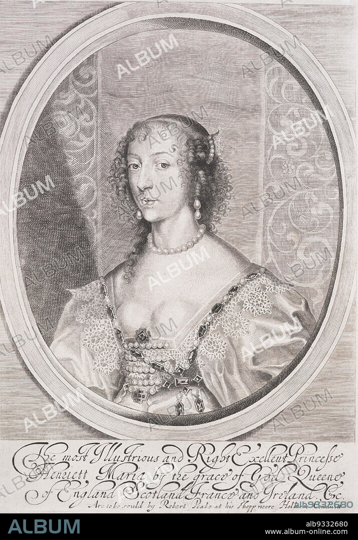 Queen Henrietta Maria, William Faithorne the Elder, engraver, 1640-1642, engraving, This engraving of Queen Henrietta Maria (1609-69), consort of the ill-fated Charles I, shows her in a highly revealing, excessively low cut dress, respendent with pearl bodice, necklace and earrings. It is based on an original portrait by court painter Sir Anthony van Dyck, and was engraved by William Faithorne. The inscription matches it for elaborateness, both paying homage to Henrietta Maria ('The Most Illustrious and Right Excellent Princesse / Henriett Maria by the grace of God Queene / of England Scotland France and Ireland. Cc.') and acting as a blatant advertisement for its publisher Sir Robert Peake. Not surprisingly, Peake was a loyal Royalist and civil war army hero, who commissioned designs from leading printmakers at the time, including Faithorne and Wenceslaus Hollar.