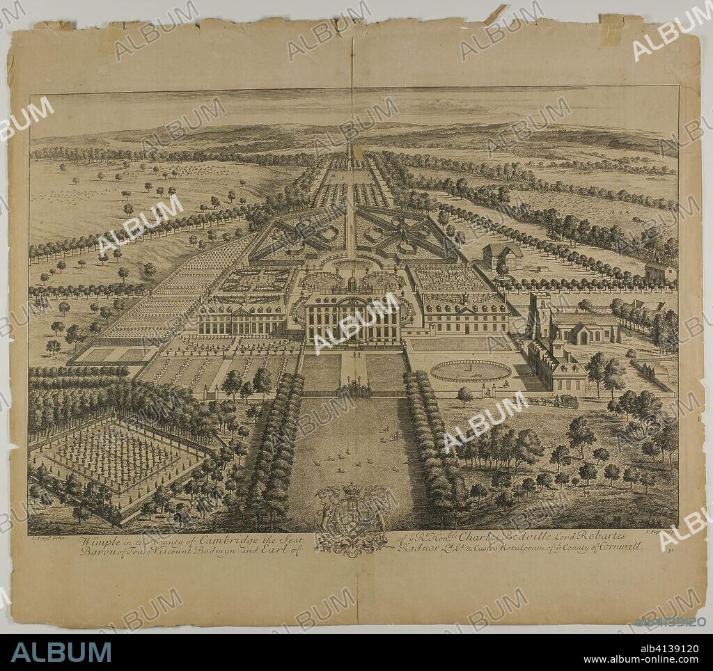 JOHANNES KIP. Wimple in the County of Cambridge, plate 32 from Britannia Illustrata. Jan Kip (Dutch, c. 1653-1722); after Leonard Knyff (Dutch, 1650-1721); published by David Mortier (French, 1673-1728). Date: 1707. Dimensions: 322 x 474 mm (image); 350 x 480 mm (plate); 443 x 506 mm (sheet). Etching, with engraving, in black on cream laid paper. Origin: Netherlands.