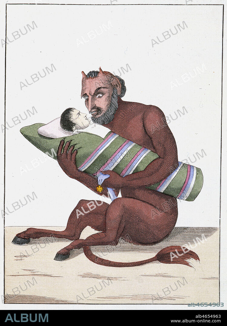 'Le petit homme rouge (diable) bercant son fils' : Napoleon 1er (1769-1821), 19eme siecle. Estampe d'apres une caricature anglaise de Thomas ROWLANDSON , 1814, " the devil's darling " Bonaparte berce par le diable. Credit: Collection KHARBINE-TAPABOR.