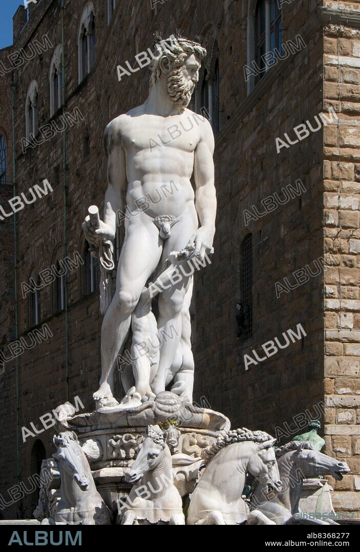 Italy: A marble statue portraying 'Neptune', the Fountain of Neptune, Piazza della Signoria, Florence. Sculpted by Bartolomeo Ammannati (1511 - 1592), 1565. Neptune is the god of freshwater and the sea in Roman religion. He is the counterpart of the Greek god Poseidon. In the Greek-influenced tradition, Neptune is the brother of Jupiter and Pluto; the brothers preside over the realms of Heaven, the earthly world, and the Underworld. Salacia is his wife.