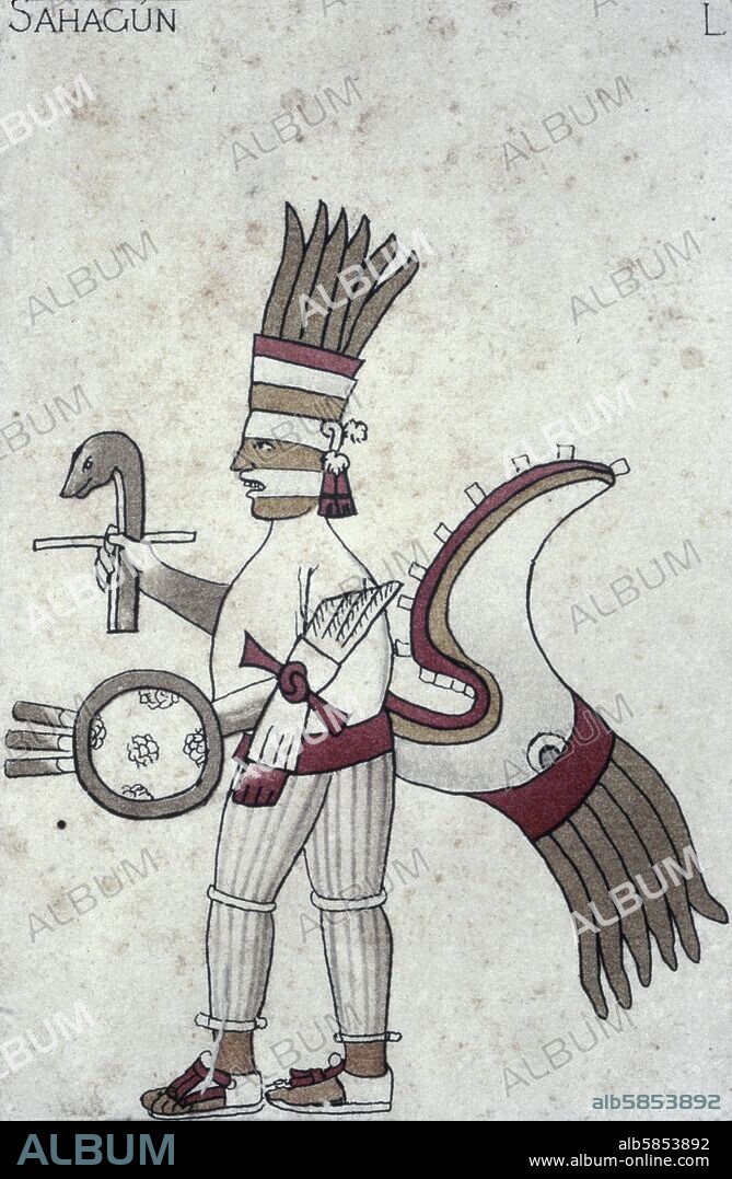 Huitzilopochtli (or Uitzilopochtli-" Hummingbird of the South") dressed in his war attire. Huitzilopochtli was the Aztec god of war as well as a sun god and the patron of the city of Tenochtitlan. From " Florentine Codex" Illuminated manuscript; 1570. (The Florentine Codex is a manuscript containing a hand-written version of the encyclopedic account of Aztec society assembled by Bernardino de Sahagun (1499-1590). ).