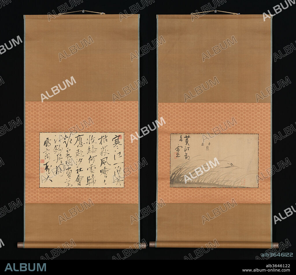 Fishing Boat on Reed Covered Bank and Calligraphy. Artist: Ike Taiga (Japanese, 1723-1776). Calligrapher: Kameda Bosai (Japanese, 1752-1826). Culture: Japan. Dimensions: Image (a): 8 7/8 × 14 3/4 in. (22.6 × 37.5 cm)
Overall with mounting (a): 39 3/8 × 19 1/2 in. (100 × 49.5 cm)
Overall with knobs (a): 39 3/8 × 21 1/2 in. (100 × 54.6 cm)
Image (b): 9 3/16 × 14 1/2 in. (23.4 × 36.9 cm)
Overall with mounting (b): 39 3/8 × 19 9/16 in. (100 × 49.7 cm)
Overall with knobs (b): 39 3/8 × 21 7/8 in. (100 × 55.5 cm). Date: 18th-19th century.