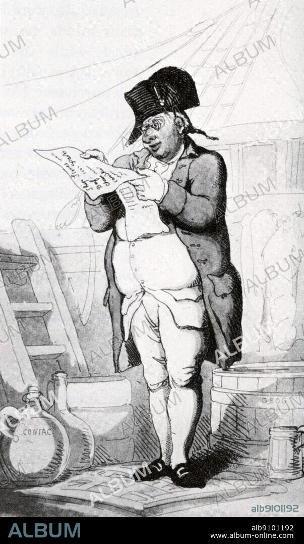 Mr Pusser alias Mr Nipcheese, adjusts the rum ration. A cartoon by Rowlandson.