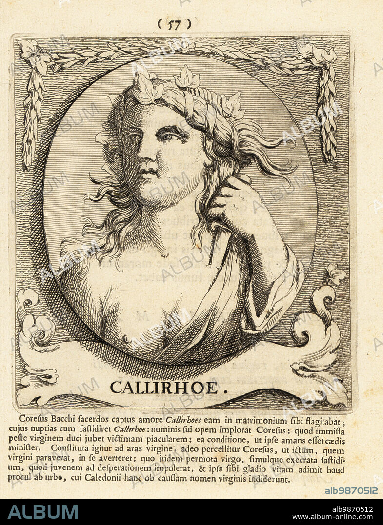 Callirhoe, target of affection of Coresus, a priest of Dionysus in Calydon, Greece. Sentenced to be sacrificed to save the city., she cut her own throat when Coresus committed suicide. With a knife to her throat and vine leaves of Dionysus in her hair. Copperplate engraving by Pieter Bodart (1676-1712) from Henricus Spoors Deorum et Heroum, Virorum et Mulierum Illustrium Imagines Antiquae Illustatae, Gods and Heroes, Men and Women, Illustrated with Antique Images, Petrum, Amsterdam, 1715. First published as Favissæ utriusque antiquitatis tam Romanæ quam Græcæ in 1707. Henricus Spoor was a Dutch physician, classical scholar, poet and writer, fl. 1694-1716.
