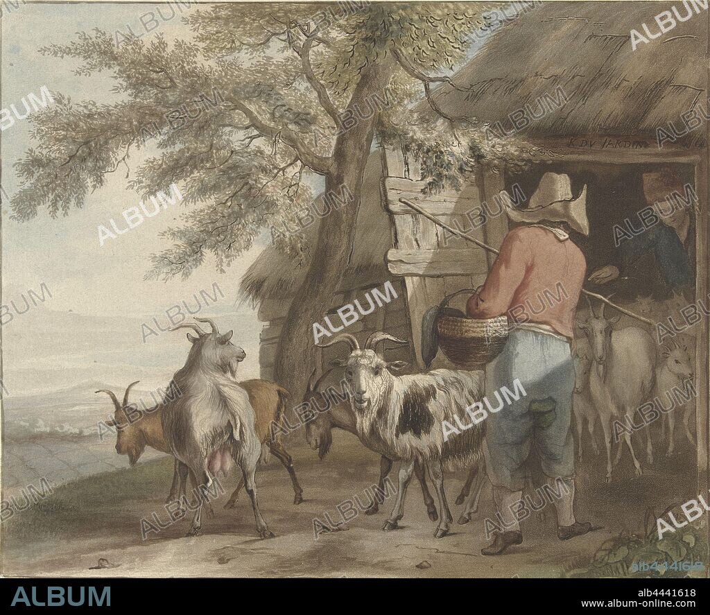 Goat keeper at a barn, Hilly landscape with a goat herder at a barn, seen from the back. In the barn stands a woman who directs the goats outside., Herd, flock, Christiaan Josi, Noord-Nederland, 1821, paper, etching, h 165 mm × w 202 mm.
