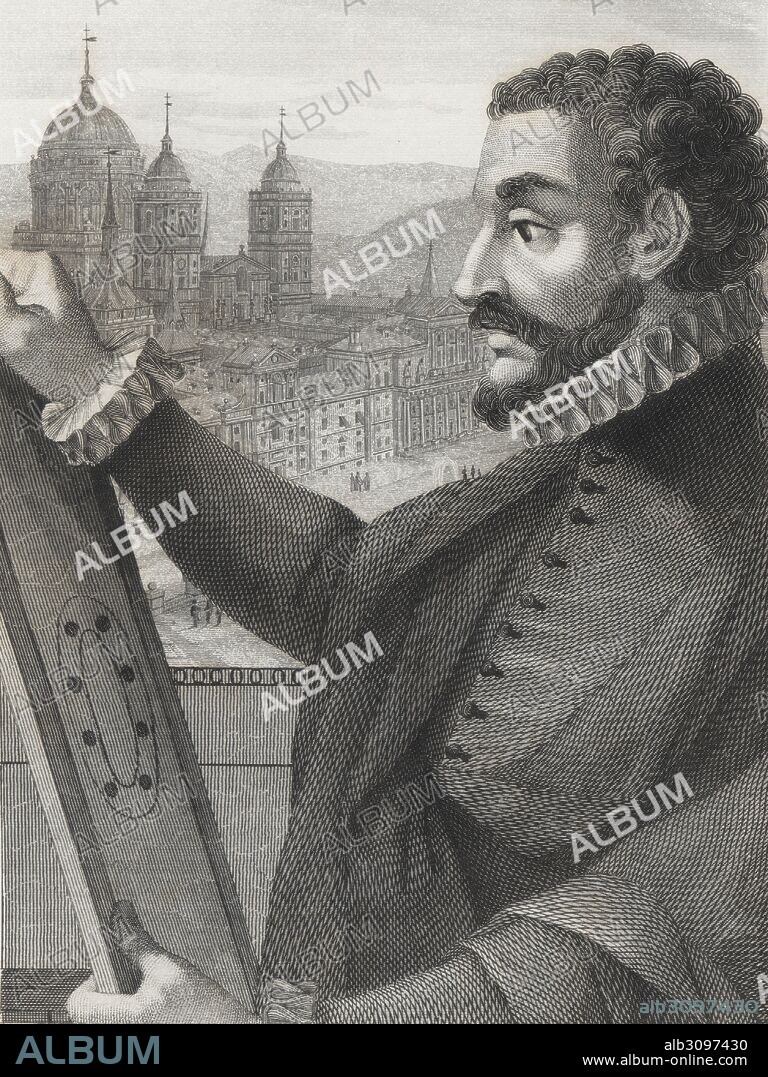 Juan de Herrera (1530-1597), arquitecto, matemático y geómetra español, constructor del Monasterio de El Escorial. Grabado de 1853.