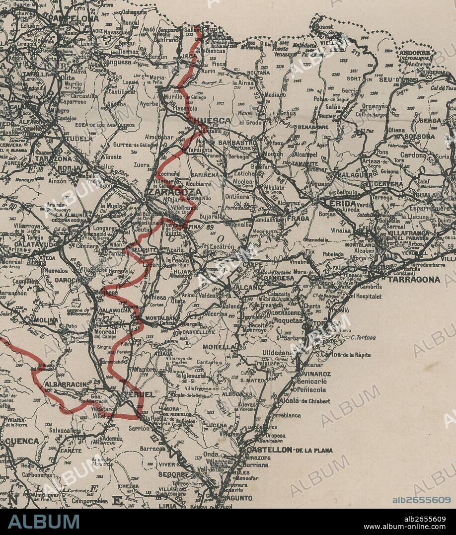 Carte d'Espagne - 1937. Mapa de España. Detalle del frente de guerra en la zona de Aragón.
