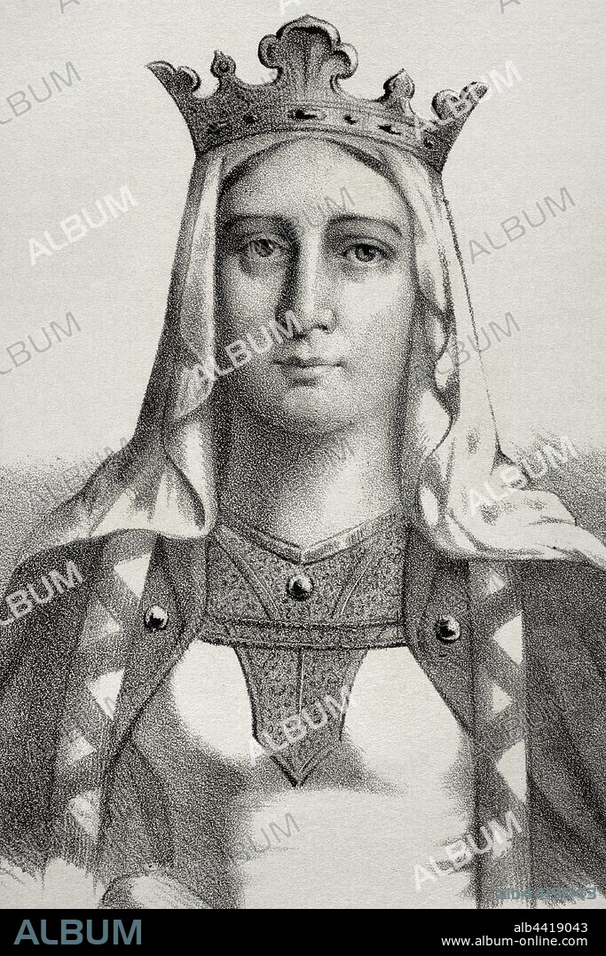 Urraca I de León (1081-1126). "La Temeraria". Reina de León entre 1109 y 1126. Dibujo por Llanta. Detalle. Litografía. Crónica General de España, Historia Ilustrada y Descriptiva de sus Provincias. Galicia,1866. Biblioteca Histórico Militar de Barcelona, Cataluña, España.