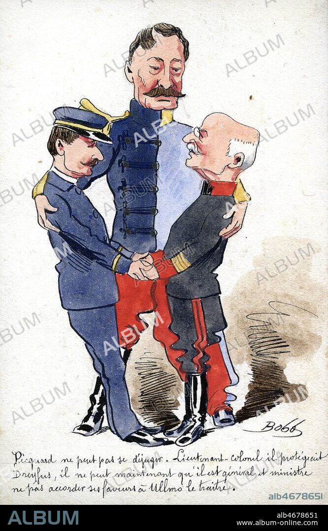PICQUARD ne peut pas se dejuger Lieutenant-colonel, il protegeait DREYFUS, il ne peut maintenant qu'il est general et ministre ne pas accorder ses faveurs a ULMO. Caricature de BOBB pour une carte postale de 1908. Credit : IM/Kharbine-Tapabor.