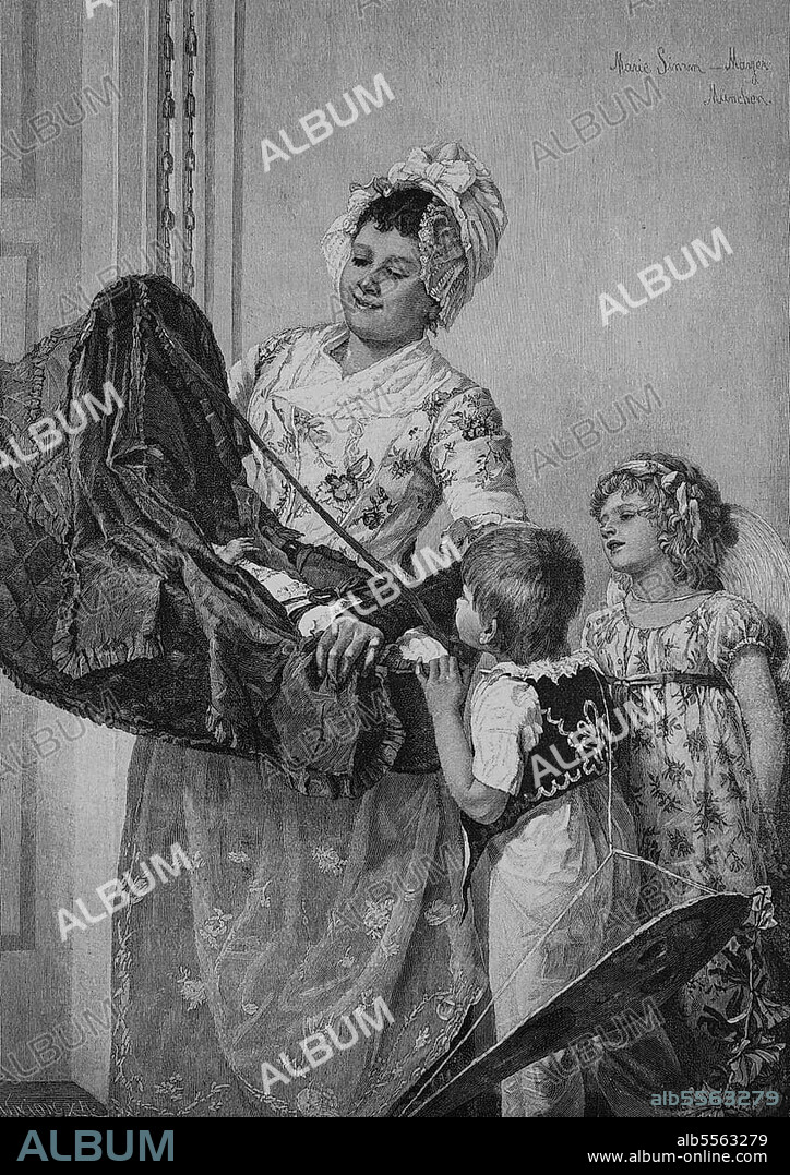 Der Dritte im Bunde, Mutter präsentiert ihren Kindern den Neugeborenen, 1880, Historisch, digitale Reproduktion einer Originalvorlage aus dem 19. Jahrhundert, Originaldatum nicht bekannt.
