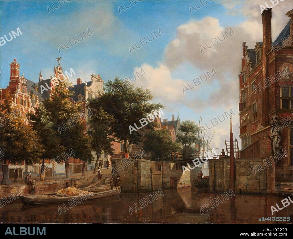 JAN VAN DER HEYDEN. Amsterdam City View with Houses on the Herengracht and the old Haarlemmersluis. The Nieuwe Zijds Voorburgwal with the Oude Haarlemmersluis, Amsterdam (with Topographical Liberties). Dating: c. 1670. Measurements: h 44 cm × w 57.5 cm; d 8 cm.