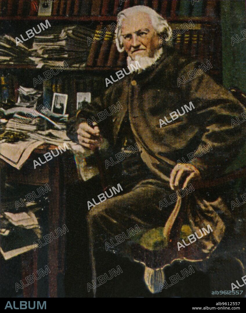 'Hoffmann v. Fallersleben 1798-1874', 1934. August Heinrich Hoffmann von Fallersleben (1798-1874), German poet. He is best known for writing "Das Lied der Deutschen", its third stanza now being the national anthem of Germany, and a number of popular children's songs, considered part of the Young Germany movement. From "Die Großen der Weltgeschichte". [Eckstein-Halpaus, Dresden, 1934].