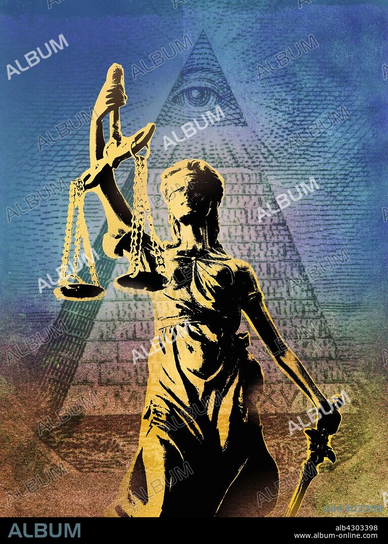 Statue of Lady Justice in front of the Eye of Providence on United States dollar note.
