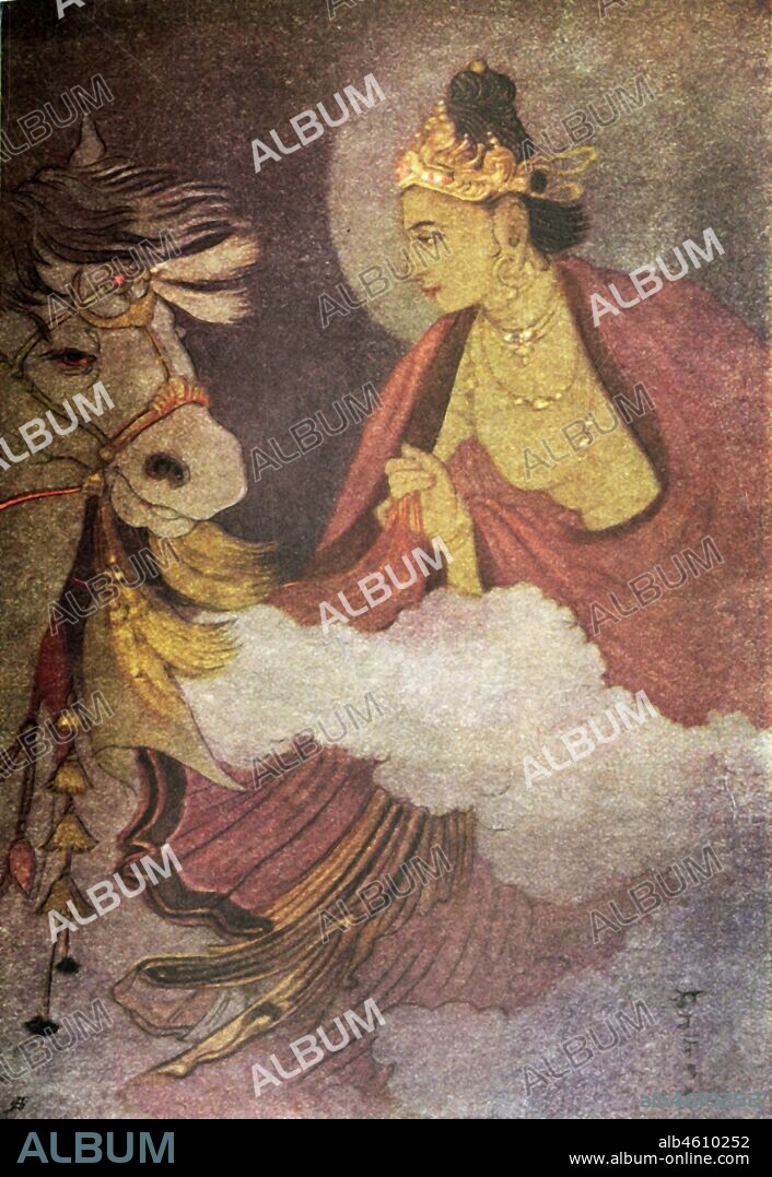 'Departure of Prince Siddhartha', 1920. The Great Departure is the traditional term for the departure of Gautama Buddha (c563-c483 BC) from his palace at Kapilavastu to live an ascetic life. From "Myths of the Hindus & Buddhists", by The Sister Nivedita and Ananda K. Coomaraswamy. [George G. Harrap & Company Ltd, London, 1920].