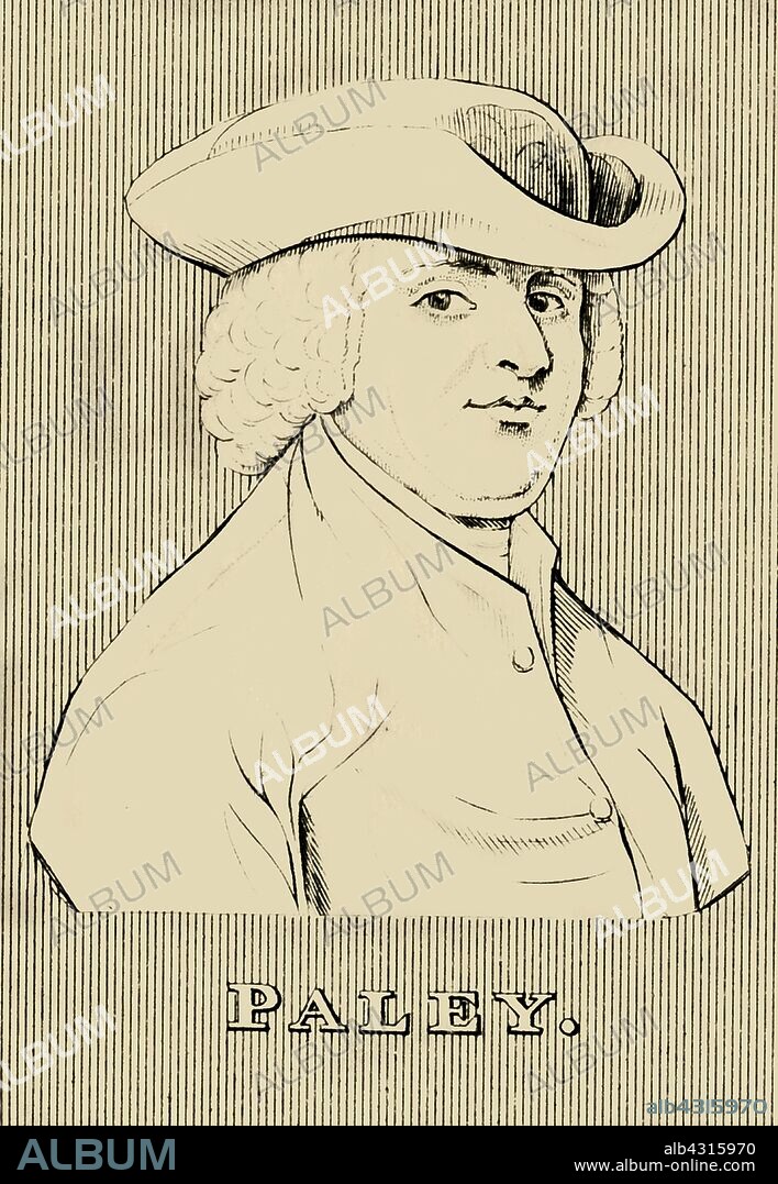 'Paley', (1743-1805), 1830. William Paley (1743-1805) English clergyman, Christian apologist, philosopher, and utilitarian educated at Christ's College, Cambridge, he lectured on moral philosophy, and his book 'Principles of Moral and Political Philosophy' was influential in late Enlightenment Britain. From "Biographical Illustrations", by Alfred Howard. [Thomas Tegg, R. Griffin and Co., J. Cumming, London, Glasgow and Dublin, 1830].