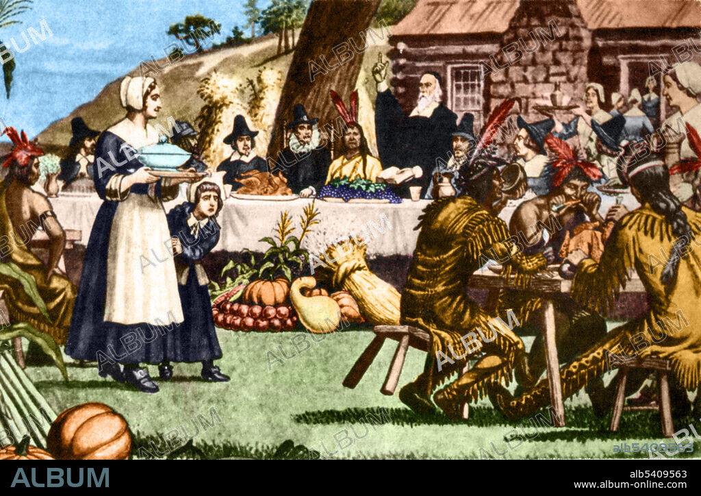 The event that some Americans commonly call the "First Thanksgiving" was celebrated by the Pilgrims to give thanks to God for guiding them safely to the New World. The feast lasted three days and fed 53 Pilgrims and about 90 native American Indians. A wide variety of food was served: fish, shellfish, wild fowl, venison, berries, fruit, vegetables and harvest grains. The New England colonists were accustomed to regularly celebrating thanksgivings, days of prayer thanking God for blessings such as military victory or the end of a drought. As a federal and popular holiday in the U.S., Thanksgiving is one of the major holidays of the year. No artist credited, undated.