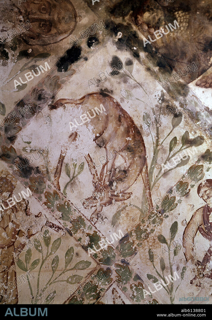 DETALLE DE UNA GACELA DE LA BOVEDA DE LA SALA DE BAÑOS - FRESCOS OMEYAS DEL CASTILLO DE QUSEIR AMRA - SIGLO VIII.