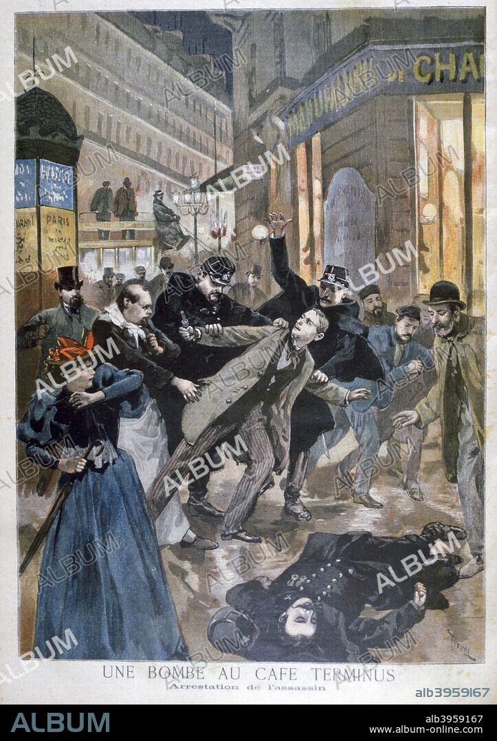 Arrest of the Café Terminus bomber, Paris, 1894. Police apprehending Emile Henry, an anarchist who expoded a bomb at the Cafe Terminus near the Gare St Lazare on 12th February 1894, killing one and injuring twenty. Henry was executed for the attack. An illustration from Le Petit Journal, 26th February 1894.
