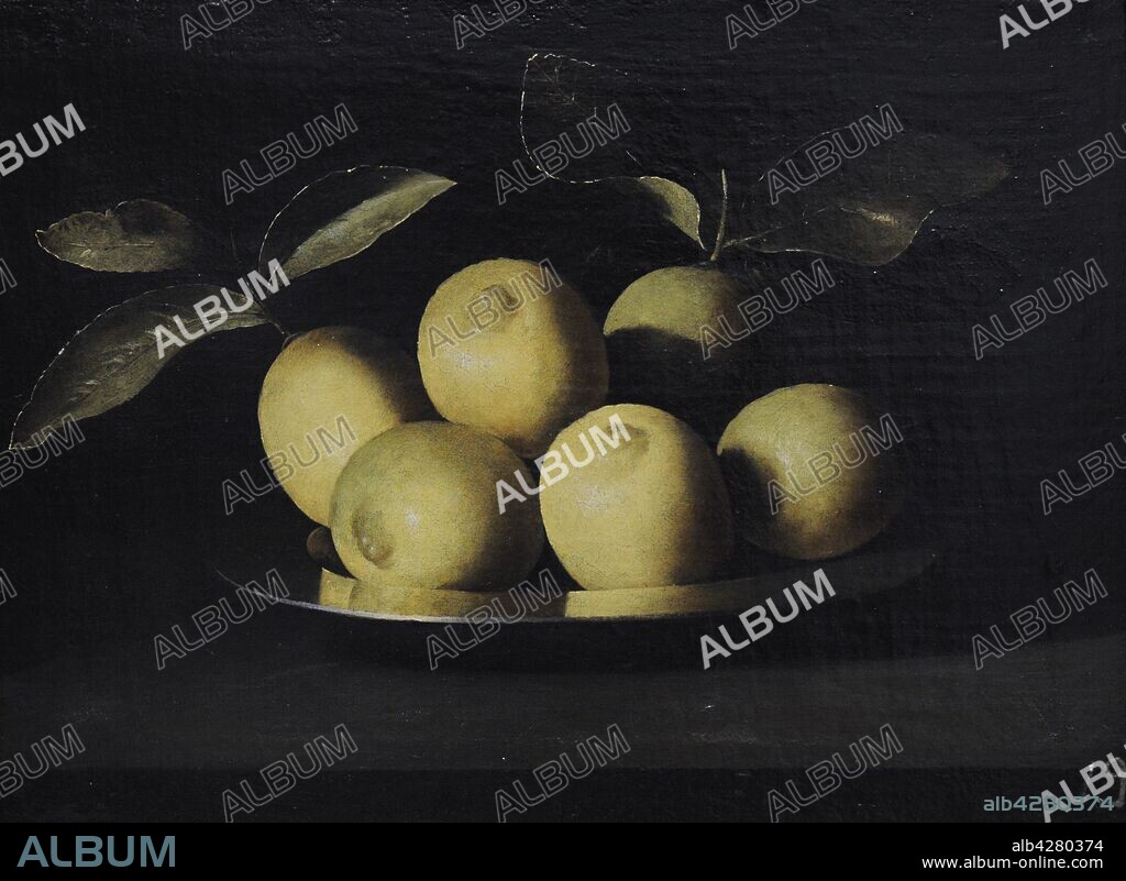 Juan de Zurbarán (1620-1659). Pintor español. Plato de limones, hacia 1640. Óleo sobre lienzo, 36 x 50 cm. Real Academia de Bellas Artes de San Fernando. Madrid. España.