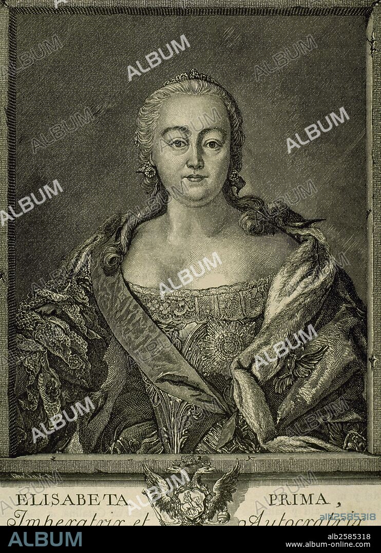 ISABEL PETROVNA (Kolomenskol,1709-San Petersburgo 1762). Zarina de Rusia (1741-1762). Su reinado significó una ruptura respecto al de su padre Pedro I: abolición de la pena de muerte, reorganización del comercio, empeoramiento del campesinado, medidas a favor de la nobleza y florecimiento cultural. Luchó contra Suecia y participó en la Guerra de los Siete Años. Grabado.