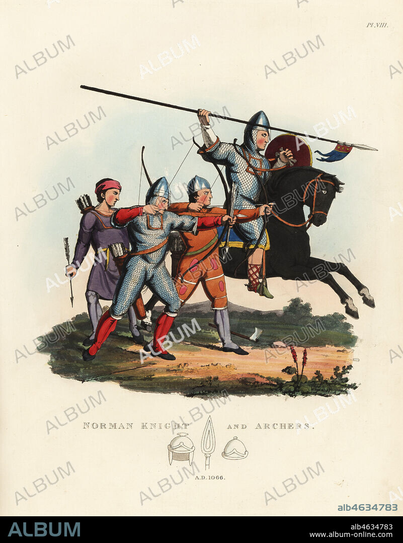 Norman knight and archers, 1066. Knight on horseback with lance wearing mascled armour and one of the bowmen in flat-ringed chainmail armour. Handcoloured lithograph after an illustration by S.R. Meyrick from Sir Samuel Rush Meyrick's A Critical Inquiry into Antient Armour, John Dowding, London, 1842.
