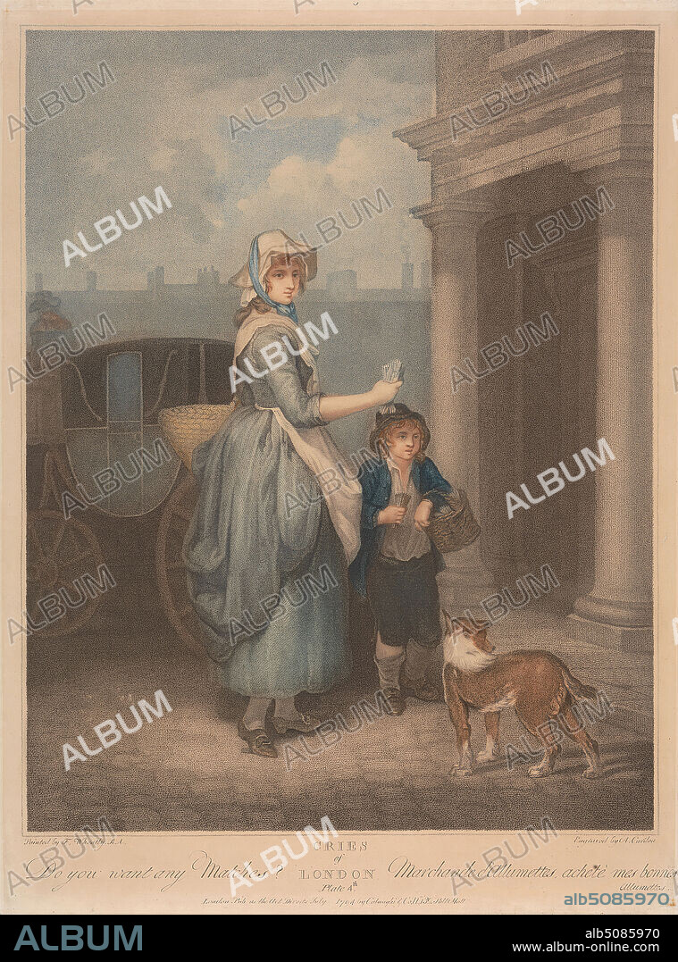 'Cries of London' Plate 4: 'Do you want any Matches?', Anthony Cardon, 17721813, Flemish, after Francis Wheatley, 17471801, British, 1794, Colored engraving with stipple, DON'T USE: 16 x 12in. (40.6 x 30.5cm).