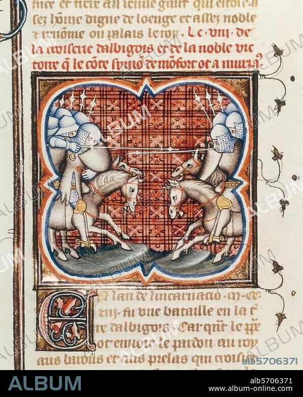 History of France. Albigensian Wars. 1209-1229. Battle of Muret 1213. (Simon de Montfort defeats Raimond de Toulouse and Peter II of Aragon). Battle of Muret. Book illumination, French, 1375/79. From the Grandes Chroniques de France. Ms. Français 2813, fol. 252 v, Paris, Bibliothèque Nationale.