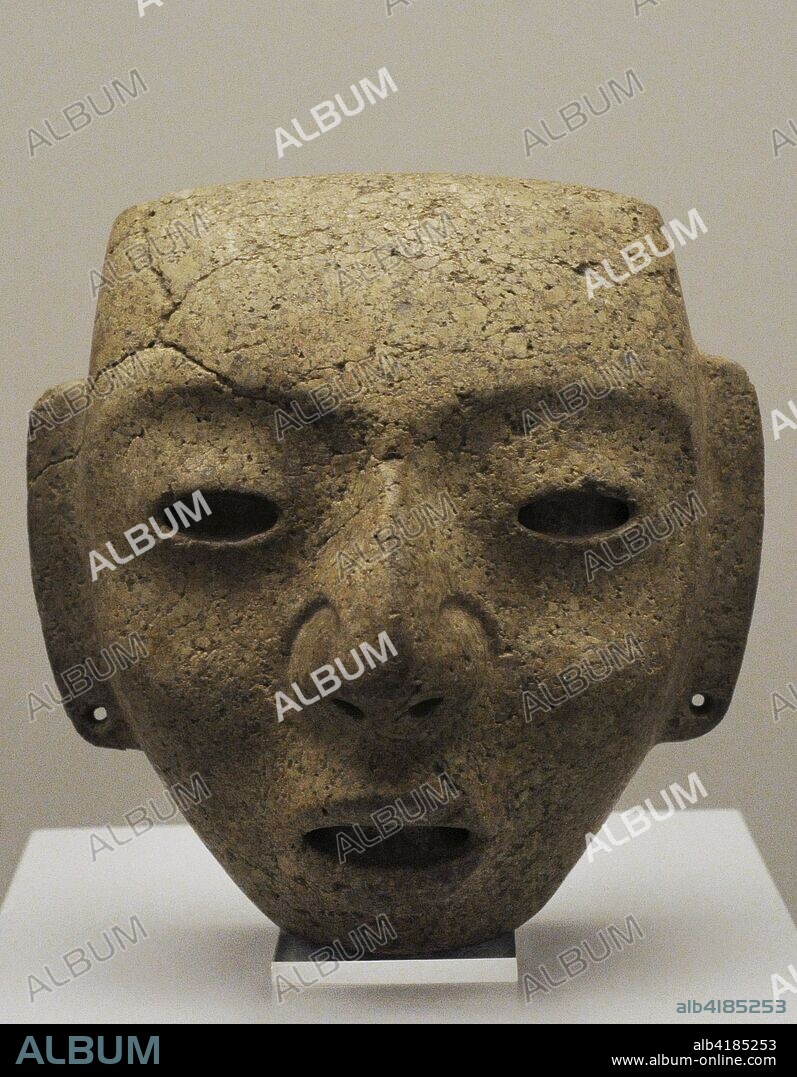 Mask depicting a human face. Stone. Teotihuacan III-IV. Xolalpan Phase. Middle Classic Period (400-700 AD). Central Mexico. Museum of the Americas. Madrid, Spain.