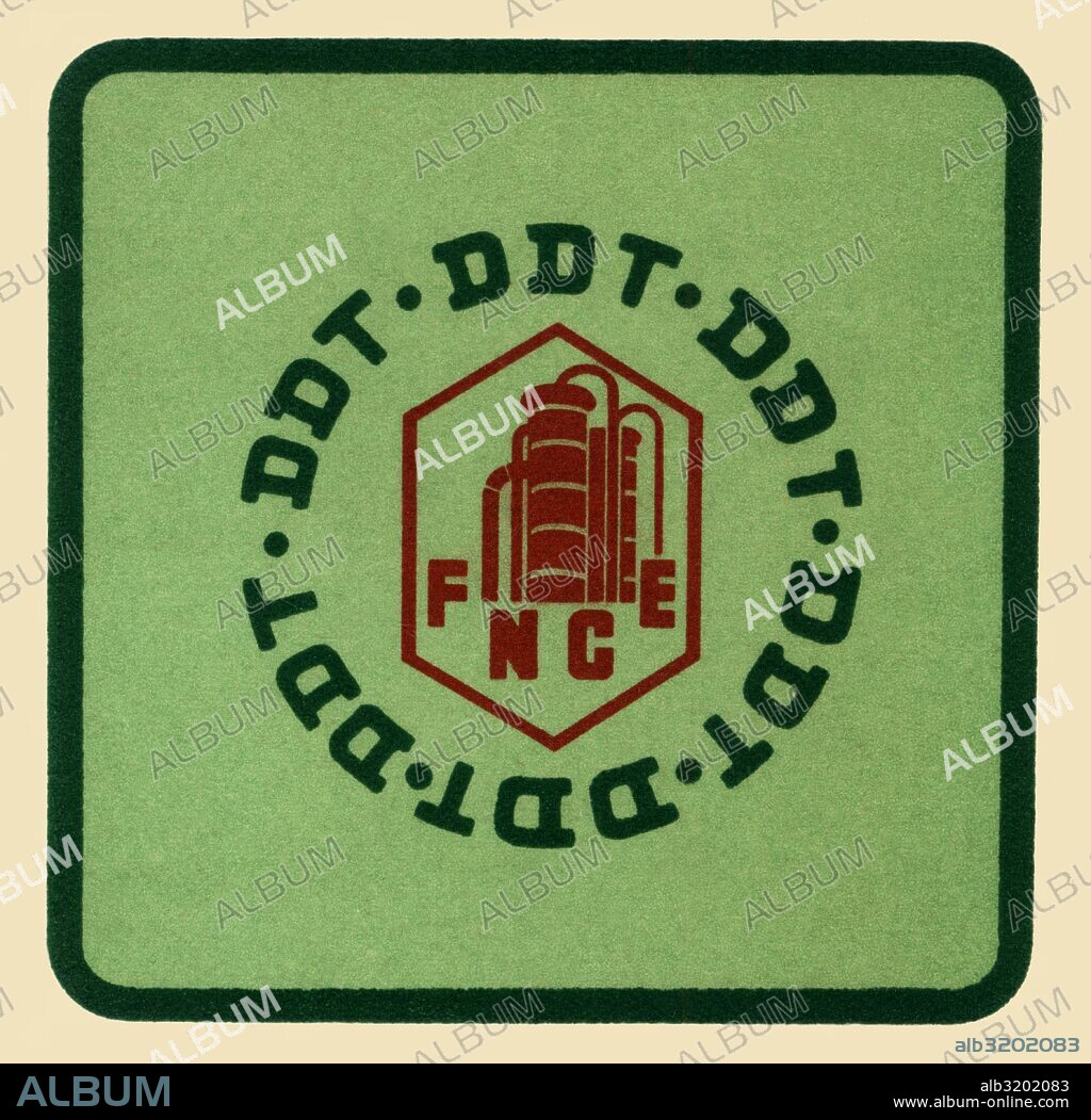 Publicidad. DDT, siglas de dicloro difenil tricloroetano, producto utilizado como insecticida hasta mediados del siglo XX. Años 1950.