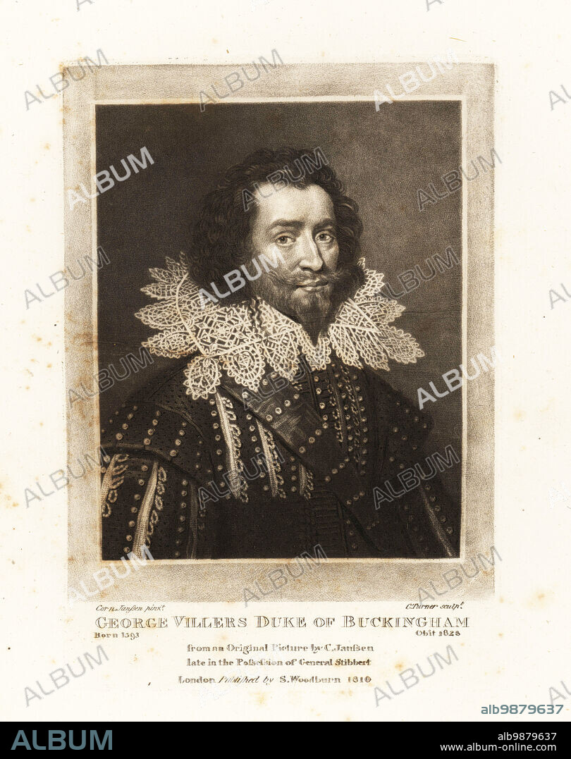 George Villiers, 1st Duke of Buckingham, 1592-1628, English courtier, statesman, and patron of the arts, favourite possibly lover of King James I. Mezzotint engraving by Charles Turner after a portrait by Cornelius Janssen from Richard Earlom and Charles Turner's Portraits of Characters Illustrious in British History Engraved in Mezzotinto, published by S. Woodburn, London, 1810.