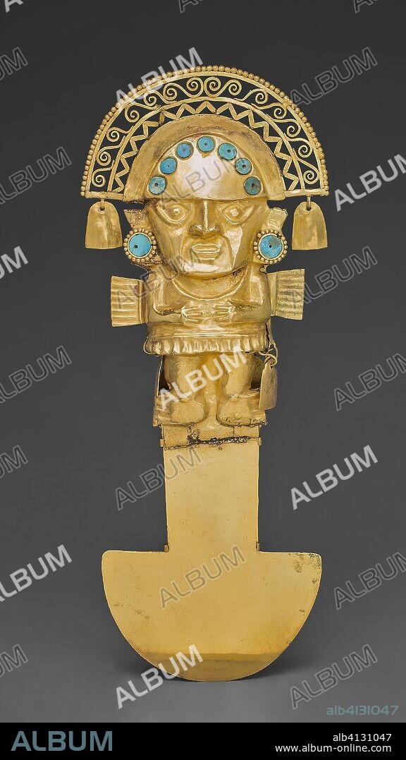 CHIMU. Ceremonial Knife (Tumi). Chimú; North coast, Peru. Date: 1100-1470. Dimensions: 34 × 12.7 cm (13 3/8 × 5 in.). Gold with turquoise inlay. Origin: North Coast.
