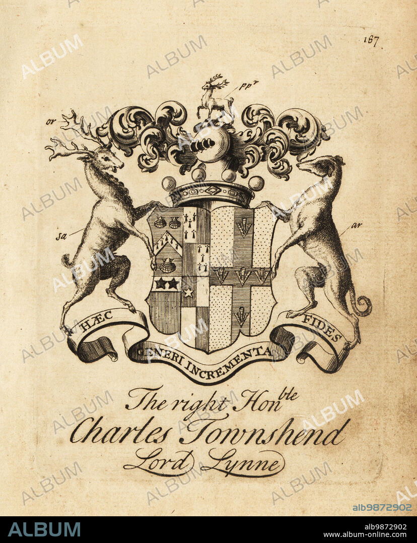 Coat of arms of the Right Honourable Charles Townshend, Lord Lynne, 3rd Viscount Townshend, 1700-1764. Copperplate engraving by Andrew Johnston after C. Gardiner from Notitia Anglicana, Shewing the Achievements of all the English Nobility, Andrew Johnson, the Strand, London, 1724.