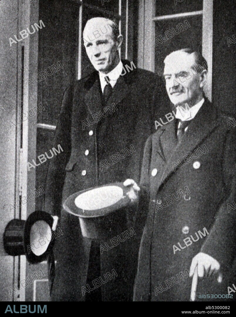 Black and white photograph of Neville Chamberlain (1869-1940), British Prime Minister, and Edward Wood, Lord Halifax (1881-1959) at the beginning of the Czech crisis.