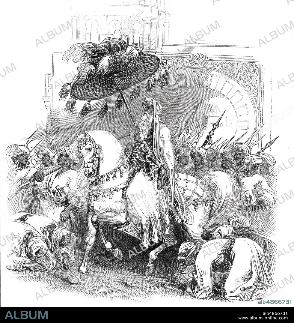 The Emperor of Morocco giving audience, 1844. Abd al-Rahman, sultan of Morocco: 'Here, reader, you have a portraiture...of the potentate who has just become embroiled with his French neighbours, but who, according to the latest letters from Gibraltar, is Sultan, as he is styled by travellers, upon whose conduct in this affair probably rests, in some degree, the peace of Europe. Muley Abderrahman, then, the Emperor, is between fifty and sixty years of age, robust, and of active habit, but of brutal and cruel character, whilst he possesses a more despotic power than any other even of Mahometan potentates. He is not even held in check by a mufti, an ulema, or even a council or divan. He is supposed to possess a divine character, and to be superior to all law'. From "Illustrated London News", 1844, Vol I.