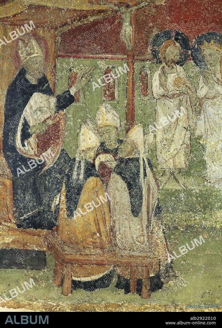 ARTE GOTICO. SIGLO XIV. "ESCENAS DE LA VIDA DE SAN AGUSTIN". Pinturas murales góticas descubiertas en 1954 bajo el coro de la iglesia de Santa María de Lluçà. Su autor es anónimo y datan aproximadamente de 1360. Santa Maria de Lluçà. Provincia de Barcelona. Comarca de Osona) Cataluña.