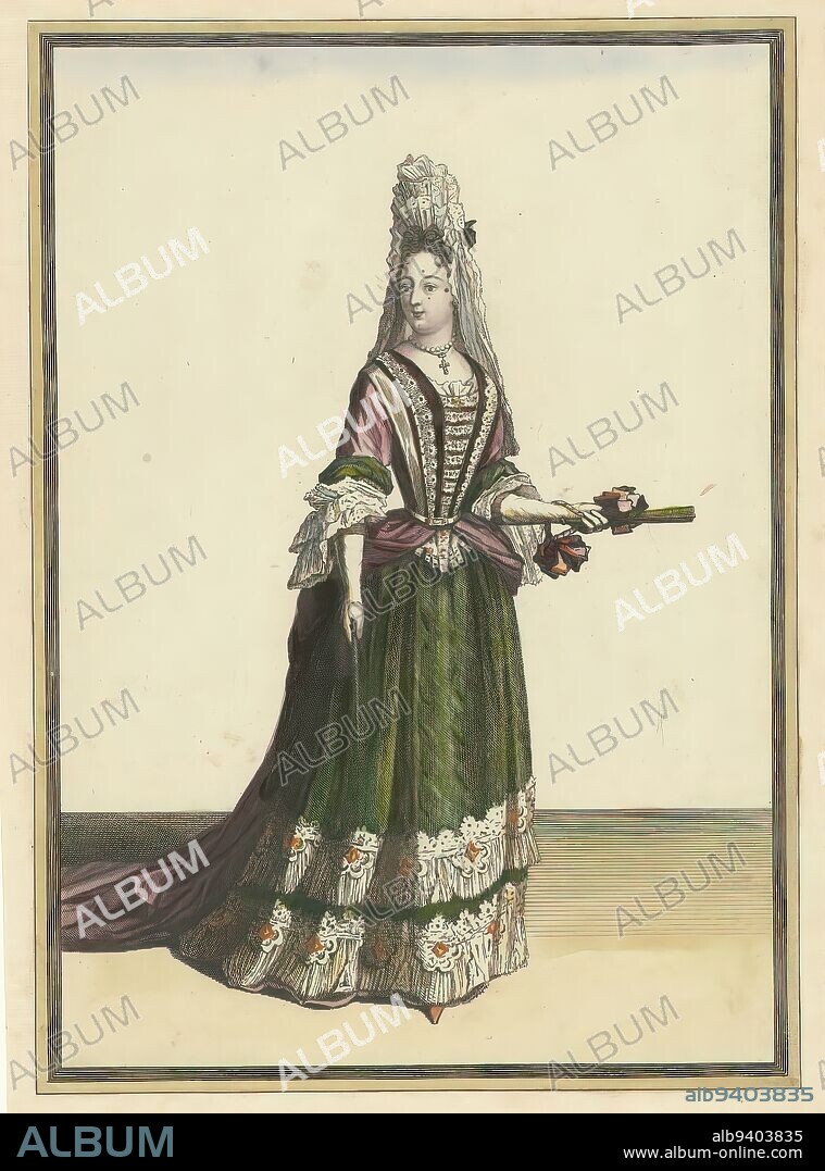 Lady with fontange hairstyle, fan in left hand., print maker: Robert Bonnart, (manner of), Paris, 1685 - 1690, paper, etching, engraving, lacquering, height 300 mm × width 200 mm.