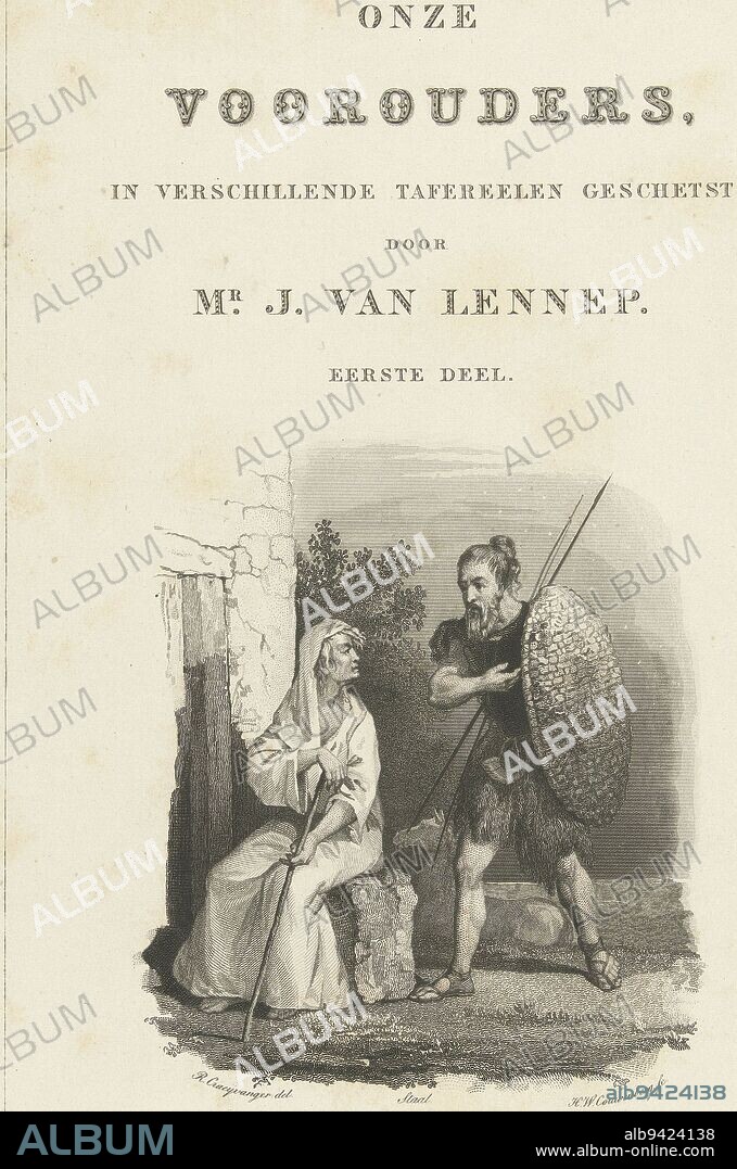 Title page for: J. van Lennep, Onze voorouders in verschillende tafereelen gescheduled, Henricus Wilhelmus Couwenberg, after Reinier Craeyvanger, 1838, A primeval man armed with shield and spear walks up to a house in front of which an old woman sits. The woman is dressed in a white robe and holds a stick in her hand. In the background, a white horse lies on the ground., print maker: Henricus Wilhelmus Couwenberg, (mentioned on object), intermediary draughtsman: Reinier Craeyvanger, (mentioned on object), publisher: Pieter Meyer Warners, (mentioned on object), Amsterdam, 1838, paper, steel engraving, h 245 mm × w 160 mm.