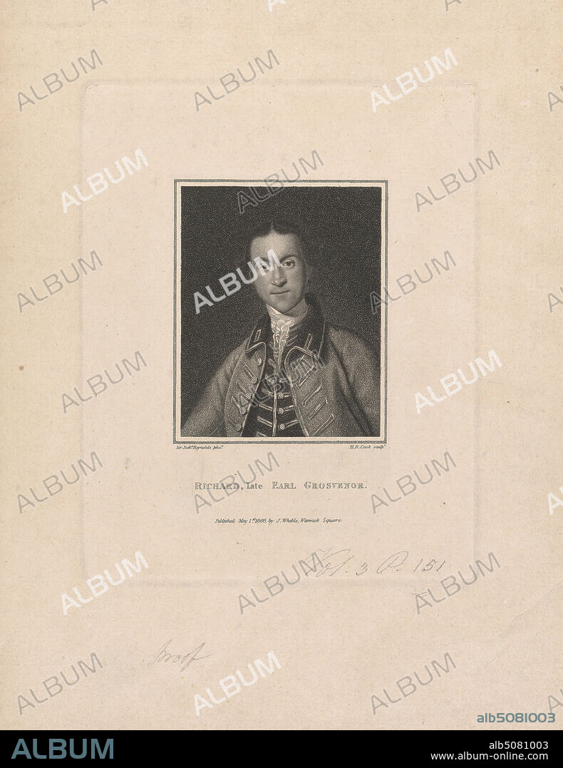 Richard Grosvenor, 1st Earl Grosvenor, Print made by Henry R. Cook, active 18021849, British, active in Britain and France, after Sir Joshua Reynolds RA, 17231792, British, 1806, Stipple engraving on moderately thick, moderately textured, beige, laid paper, Sheet: 10 7/16 × 8 3/16 inches (26.5 × 20.8 cm), Plate: 6 15/16 × 5 7/16 inches (17.6 × 13.8 cm), and Image: 3 1/2 × 2 13/16 inches (8.9 × 7.1 cm), portrait.
