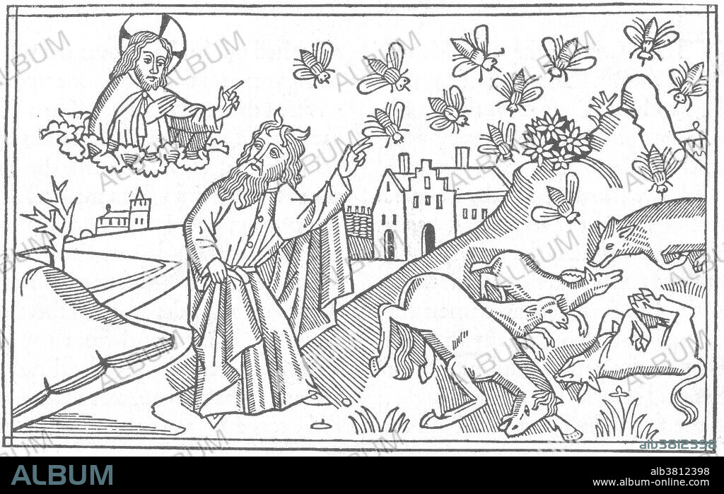 "Behold the hand of the lord is upon thy cattle." Woodcut depicting God sending disease to kill the livestock of Egypt, from the Ninth German Bible (Cologne Bible), 1483. The Plagues of Egypt were ten calamities that, according to the biblical Book of Exodus, Israel's God, Yahweh, inflicted upon Egypt to persuade Pharaoh to release the Israelites from slavery. The fifth plague of Egypt was an epidemic disease which exterminated the Egyptian livestock; that is, horses, donkeys, camels, cattle, sheep and goats.