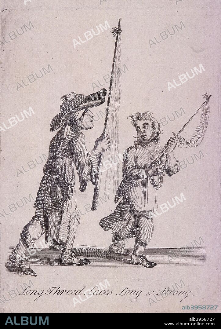 'Long Threed Laces Long & Strong'. Two sellers of laces 'long and strong', with their wares tied to long poles. From Cries of London, c1688.