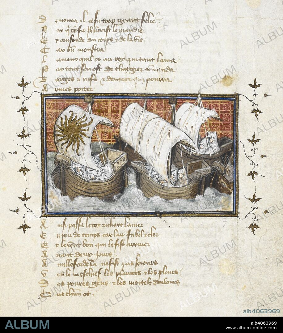 JEAN CRETON and THE VIRGIL MASTER. Richard II's fleet departing from Ireland; the sail of the king's ship bears the emblem of the sun in splendor. La Prinse et mort du roy Richart (Book of the Capture and Death of King Richard II). France, Central (Paris). c. 1401 - c. 1405. Source: Harley 1319 f.18. Language: French.
